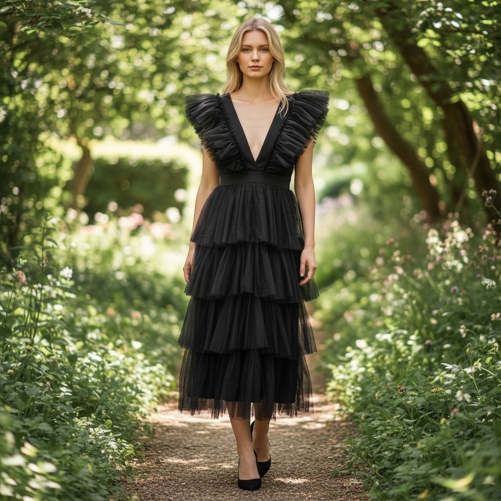 Faeriesty Tiered Tulle Dress in Black Small